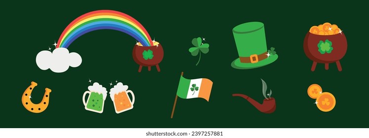 Set of St. Patrick's Day elements, rainbow, horseshoe,beer, hat. Horseshoe bringing good luck, St. Patrick's Day.