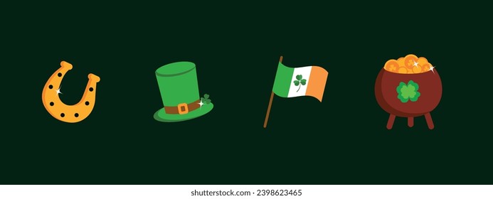 Set of St. Patrick's Day elements on a green background with a horseshoe, leprechaun hat, Irish flag and a pot of gold coins. Vector illustration for the Irish holiday, suitable for stickers.