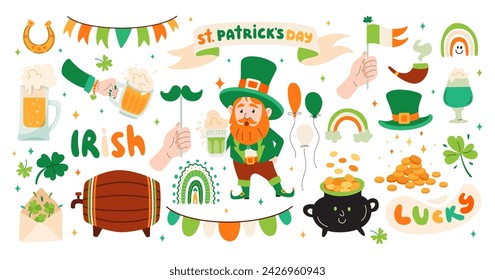 Set of St. Patricks Day elements. Hand drawn collection of icons. Holiday Irish stickers set. Leprechaun in green hat. Red beard, flags, shamrocks, beer, rainbow pot of gold, barrel of beer. Vector.