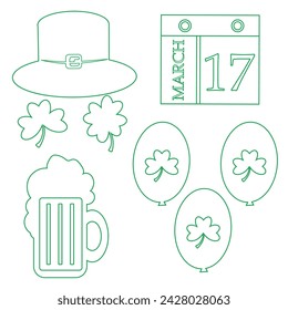 set of St. Patrick's Day elements drawn with green outline, namely clover leaves, leprechaun hat, beer glass, themed calendar and balloons