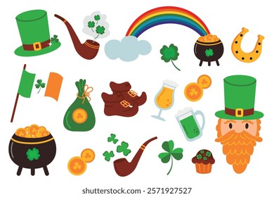 Set of St. Patrick's Day elements. Vector lucky charm, shamrock, leprechaun hat, rainbow, pot of gold. Irish party attributes. Let the mischief begin.