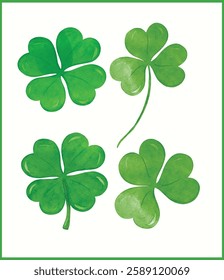 set of St Patricks Day four Leaf Clover Whimsical watercolor Hand Painted vector