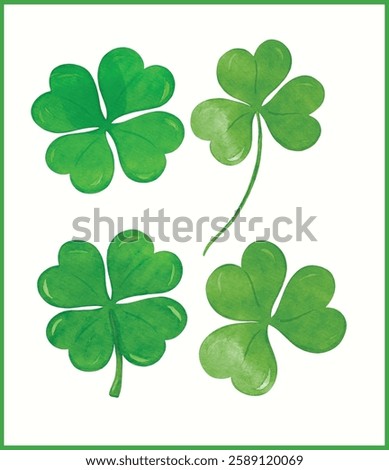 set of St Patricks Day four Leaf Clover Whimsical watercolor Hand Painted vector