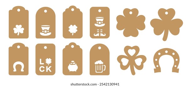 Conjunto de etiquetas de regalo del día de San Patricio Plantillas de Vector para cortar. Plantillas de etiquetas navideñas irlandesas. Etiqueta de papel o cartón artesanal para envolver regalos