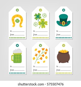 Set of St. Patrick's Day Gift Tags with horseshoe, clover, leprechaun hat, beer glass, flower, pot of gold on white background. Perfect for holiday greetings