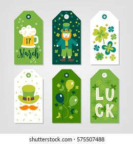 Set of St. Patrick's Day Gift Tags with beer glass, leprechaun, clover, hat, moustache, balloon in White, Green, Yellow and Orange. Perfect for holiday greetings