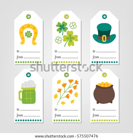 Set of St. Patrick's Day Gift Tags with horseshoe, clover, leprechaun hat, beer glass, flower, pot of gold on white background. Perfect for holiday greetings