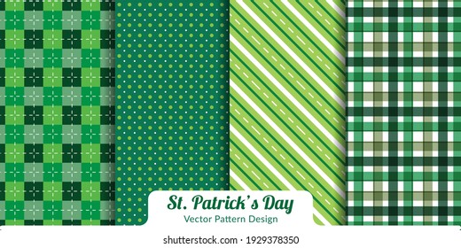set of St. Patrick's day green seamless plaid, stripe and polka dot vector pattern 