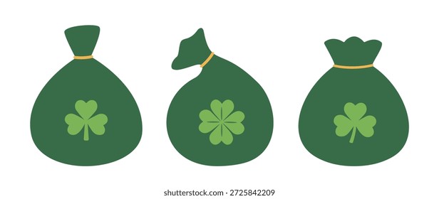 Set of St. Patrick's Day green bag with shamrock flat vector illustration. 
Money bag with clover clipart symbol.
St. Patrick's Day element.
White background.