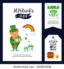 Set of St. Patrick's Day greeting card, poster, tag and label. Eat, drink and be Irish. Pot with gold, beer, rainbow and leprechaun. Illustration with different elements of Ireland culture.