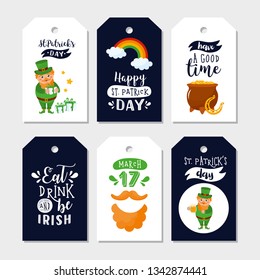 Set of St. Patrick's Day greeting cardss, posters, tags, labels. Eat, drink and be Irish. Pot with gold, rainbow and cute leprechauns. Illustration with different elements of Ireland culture.