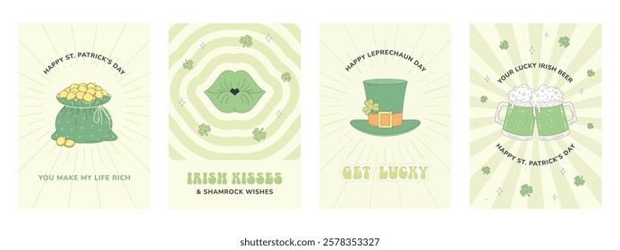 Set of St Patrick's Day greeting cards, posters. Bag of gold coins, leprechaun hat, green Irish beer, shamrocks, Irish kiss. Retro cartoon style.