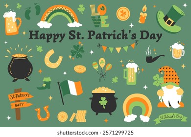 Set of St. Patricks Day with hand drawn color doodles icons. St. Patricks Day collection with green shamrock leaf, beer, irish flag,  leprechaun hat, clover, coins. Vector illustration