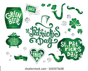 Set of St. Patrick's Day, hand-drawn lettering and illustrations. St. Patricks Day. Mustache, pipe, puff of smoke, a barrel of beer, Shoe, heart, four leaf clover, a pot of coins.