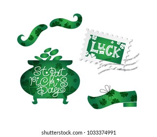 Set of St. Patrick's Day, hand-drawn lettering and illustrations. St. Patricks Day. Mustache, Shoe, four leaf clover, a pot of coins. 