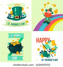 Set of St. Patrick's Day Holiday Illustration,
in the illustration a pipe, the flag of Ireland, a bowler hat and gold coins. Can be used as a postcard. EPS 10