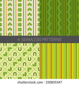 Set of St. Patrick's Day Holiday patterns.Vector seamless patterns with clover, horseshoe and stripes in green, beige and yellow.Perfect for decorating greetings, invitations, gift wrapping paper.