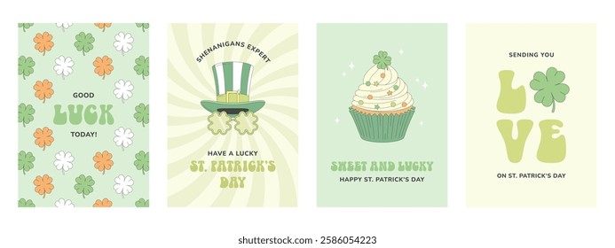 Set of St. Patrick's Day holiday cards. Leprechaun hat, shamrock party glasses, sweet cupcake with four-leaf clover, good luck and love wishes. Retro cartoon style.