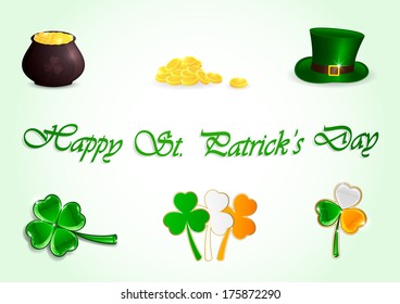 Set of St. Patrick's day icons on green background, illustration.