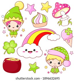 Set of St. Patrick's day icons in kawaii style. Little leprechaun, cute elf with pot of gold, rainbow, mushroom, gold coins in pot, clover leaf, ice cream. Vector illustration EPS8