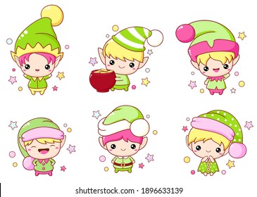 Set of St. Patrick's day icons in kawaii style. Little leprechaun, cute elf with pot of gold. Vector illustration EPS8