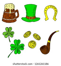 Set of St. Patrick's Day illustrations. Vector cartoon sketches. Isolated objects on a white background. Hand-drawn style.