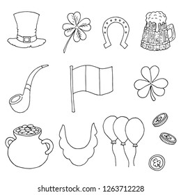 Set of St. Patrick's Day illustrations. Vector cartoon icons. Isolated objects on a white background. Hand-drawn style.