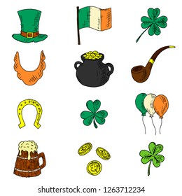 Set of St. Patrick's Day illustrations. Vector cartoon icons. Isolated objects on a white background. Hand-drawn style.