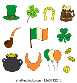 Set of St. Patrick's Day illustrations. Vector cartoon icons. Isolated objects on a white background. Hand-drawn style.