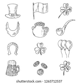 Set of St. Patrick's Day illustrations. Vector cartoon icons. Isolated objects on a white background. Hand-drawn style.