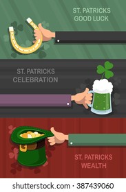 Set of St. Patrick's Day illustrations in a flat style with hands holding a gold horseshoe,  glass of green beer and a hat with coins. Abstract concept backgrounds for web design and flyers