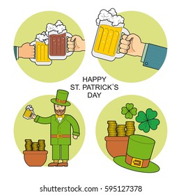 Set for St. Patrick's Day. The image of hands with a mug of beer, a leprechaun wearing a hat with a pot of gold coins celebrates St. Patrick's Day.