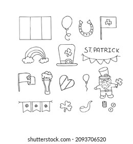 Set for St. Patrick's Day. Ireland, Irish flag, balloons, balloons, horseshoe, beer,rainbow, hat,green, yellow, white, rainbow. Vector illustration. All elements are isolated