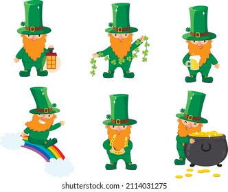 Set of St. Patrick's Day Irish gnomes. Cartoon vector Leprechauns illustration for cards, decor, shirt design, invitation to the pub.