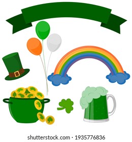 A set of St. Patrick's Day items. A pot of gold coins, a shamrock, a glass of beer. St. Patrick's Day.