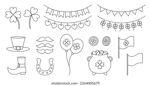 Set of St. Patricks Day line elements. Irish holiday symbols isolated on white background. Vector illustration