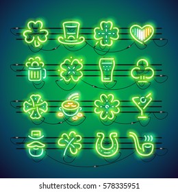 Set of St. Patricks day neon signs makes it quick and easy to customize your holiday projects. Used neon vector brushes included.