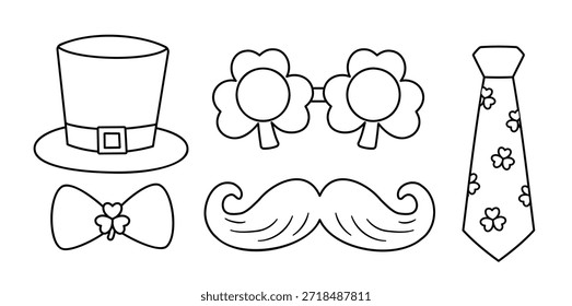 Conjunto de contorno do Dia de São Patrício, páginas de coloração e modelos.
Inclui um trevo, um chapéu Leprechaun, óculos para festas, bigode, gravata e gravata borboleta.
