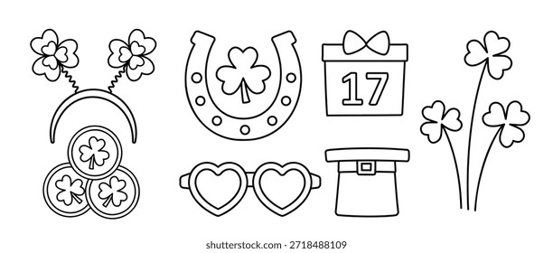Set of St. Patrick's Day outline, coloring pages and templates.
Includes a clover, a coin, a horseshoe, a Leprechaun hat, a gift box, party glasses, a mustache, a tie, a bow tie, and a headband.

