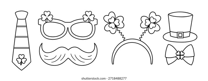Conjunto de contorno do Dia de São Patrício, páginas de coloração e modelos.
Inclui um trevo, um chapéu Leprechaun, óculos para festas, bigode, gravata, gravata borboleta e uma bandana.