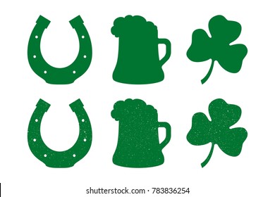 Set for St. Patrick's Day, parade, vector illustration flat, silhouettes, texture, attrition, beer, ale, mug, foam, shamrock, clover, horseshoe, green, white background