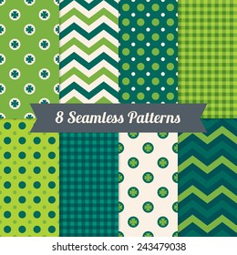 Set of St. Patrick's Day Patterns with Chevron, Gingham, Circles and Clover in Green, Dark Green and Beige. Perfect for wallpapers, textile, web page background, wrapping paper, greeting cards