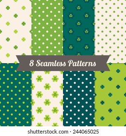 Set of St. Patrick's Day Patterns with Polka Dot and Clover in Green, Dark Green and Beige. Perfect for wallpapers, textile, web page background, wrapping paper, holiday greeting cards 