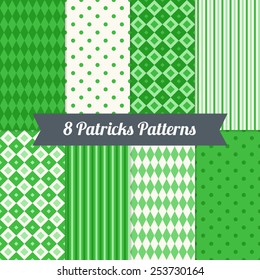 Set of St. Patrick's Day Patterns with Polka Dot, Harlequin, Diamond and Stripes in Green and Beige. Perfect for wallpapers, textile, web page background, wrapping paper, holiday greeting cards