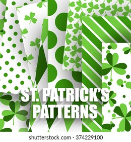 Set of St. Patrick's Day Patterns with Polka Dot, Argyle, Diagonal Stripes and Clover in Green, Dark Green and White.