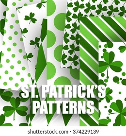 Set of St. Patrick's Day Patterns with Polka Dot, Argyle, Diagonal Stripes and Clover in Green, Dark Green and White.