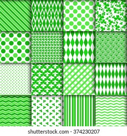 Set of St. Patrick's Day Patterns with Polka Dot, Argyle, Diagonal Stripes and Clover in Green, Dark Green and White.