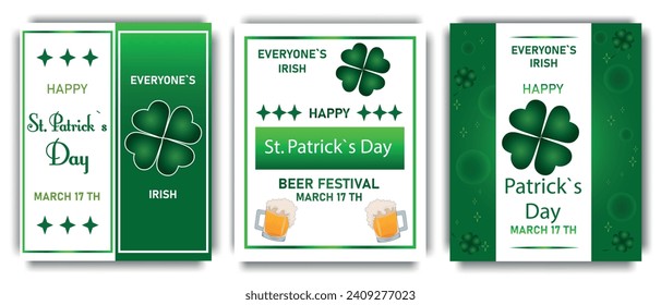 A set of St. Patrick's Day posters decorated with shamrocks. Invitation to a holiday, corporate event, beer festival. For every Irishman. Vector illustration.