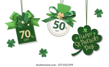 Set of St Patricks day price tag with green bow isolated on white background. Green shamrock and hat silhouette label for sale design. Vector stock illustration.