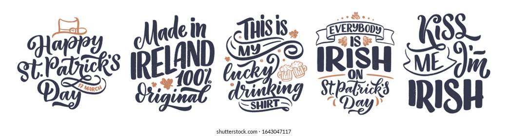 Conjunto con citas del Día de San Patricio, plantilla de tarjetas de felicitación tipográficas. Leer lemas para imprimir, pantalones, elemento de diseño festivo. Ilustración del vector